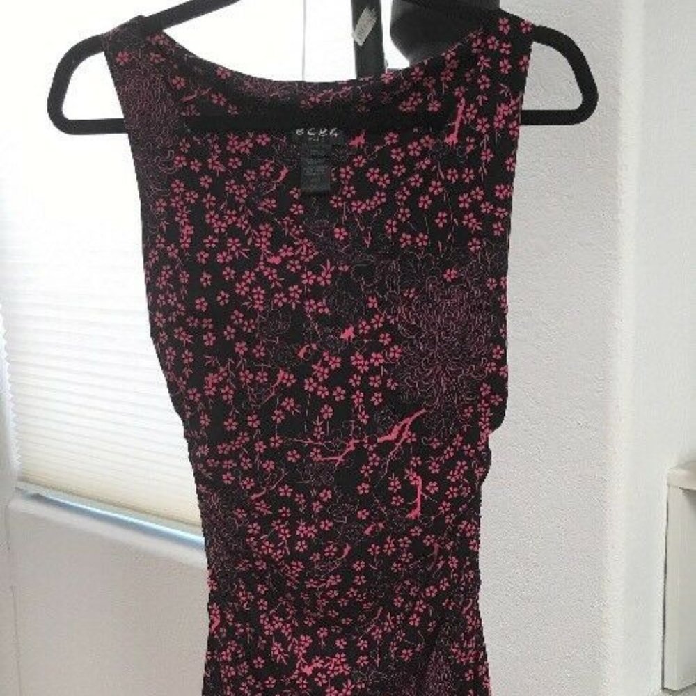 vintage BCBG pink black floral dress V neck ruched